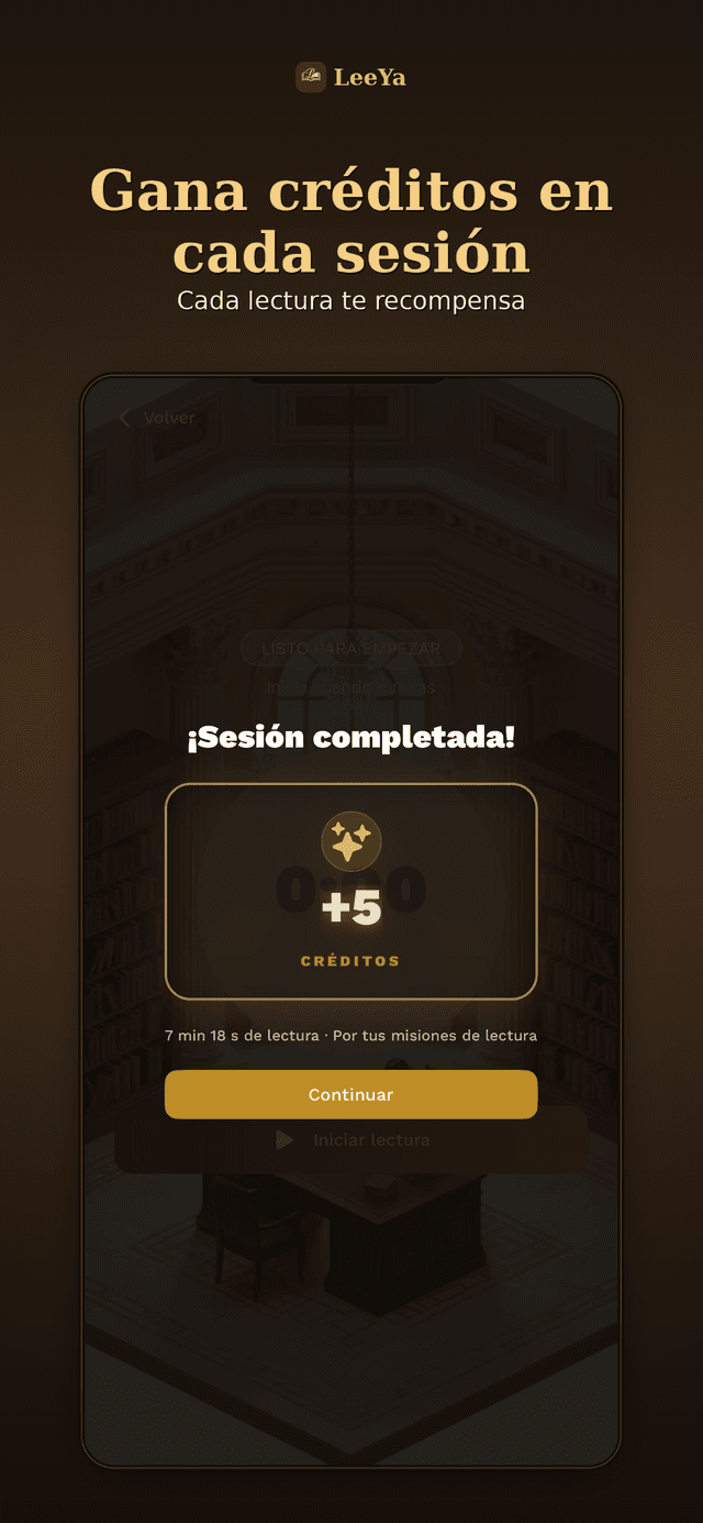 Sesión de lectura completada en LeeYa: pantalla de recompensa con 5 créditos ganados