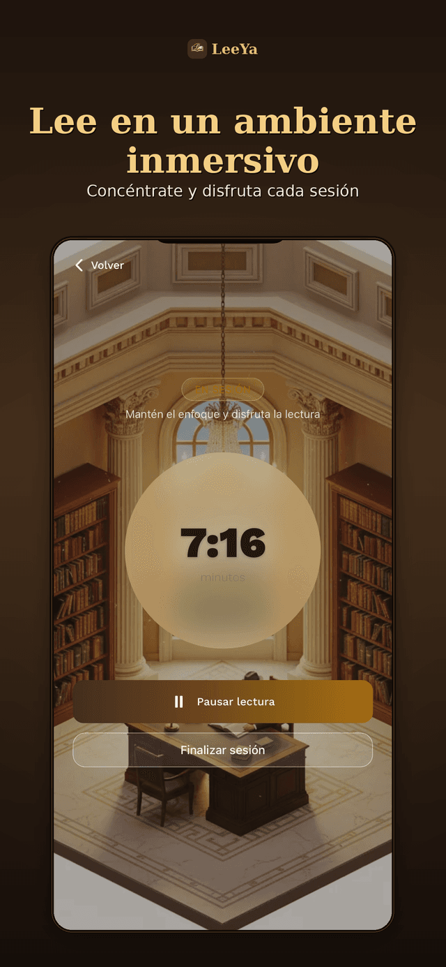 Sesión de lectura cronometrada de LeeYa con fondo de biblioteca clásica y 7 minutos en el reloj