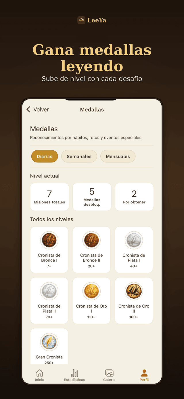 Medallas de LeeYa por misiones de lectura: Cronista de Bronce, Plata, Oro y Gran Cronista