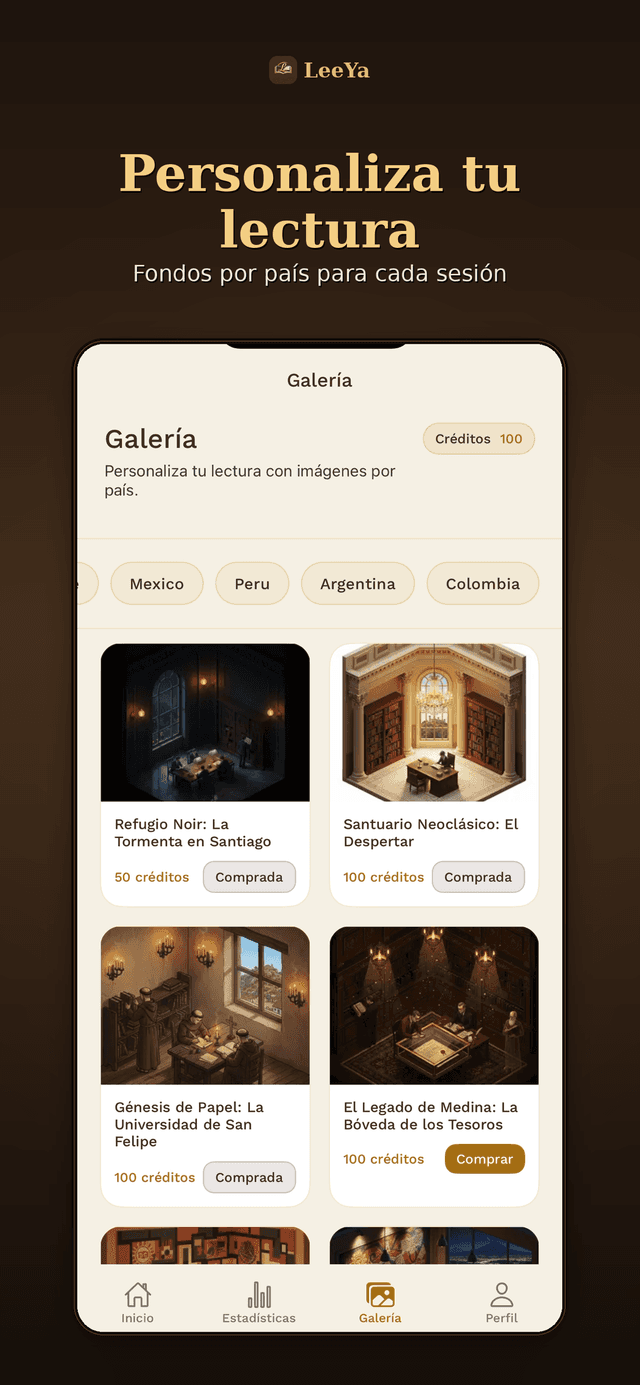 Galería de fondos de lectura de LeeYa con escenarios por país: México, Perú, Argentina y Colombia